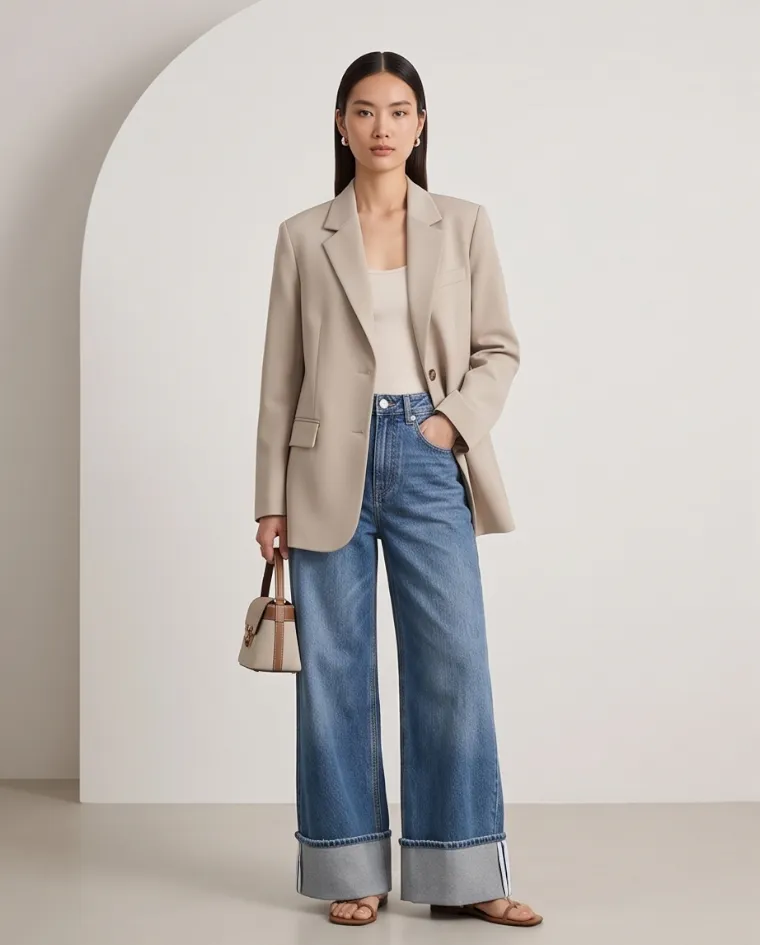 Jeans palazzo elasticizzato con risvolto donna