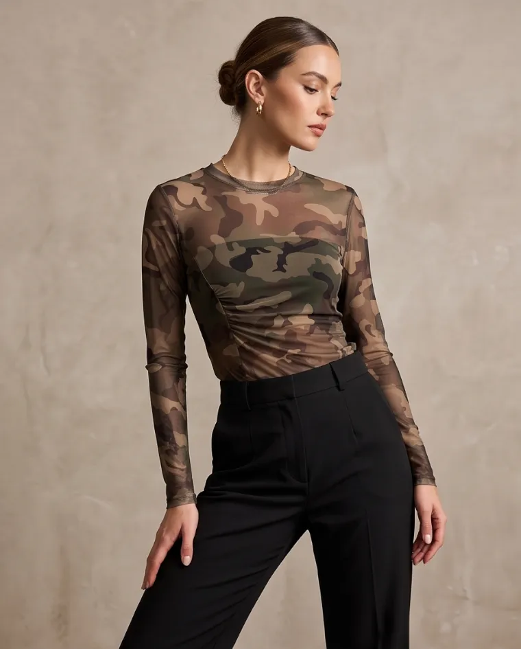 Blusa mimetica trasparente riccio laterale donna