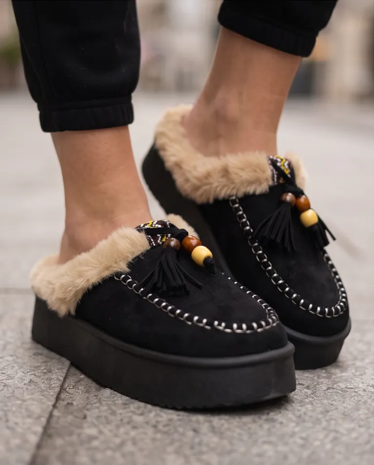 Sabot invernale con frange pelliccia interna pantofole casual
