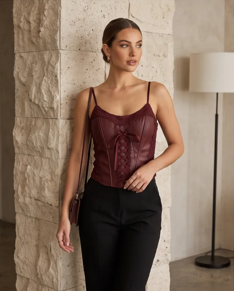 Corsetto rigido ecopelle e pizzo con coppe donna