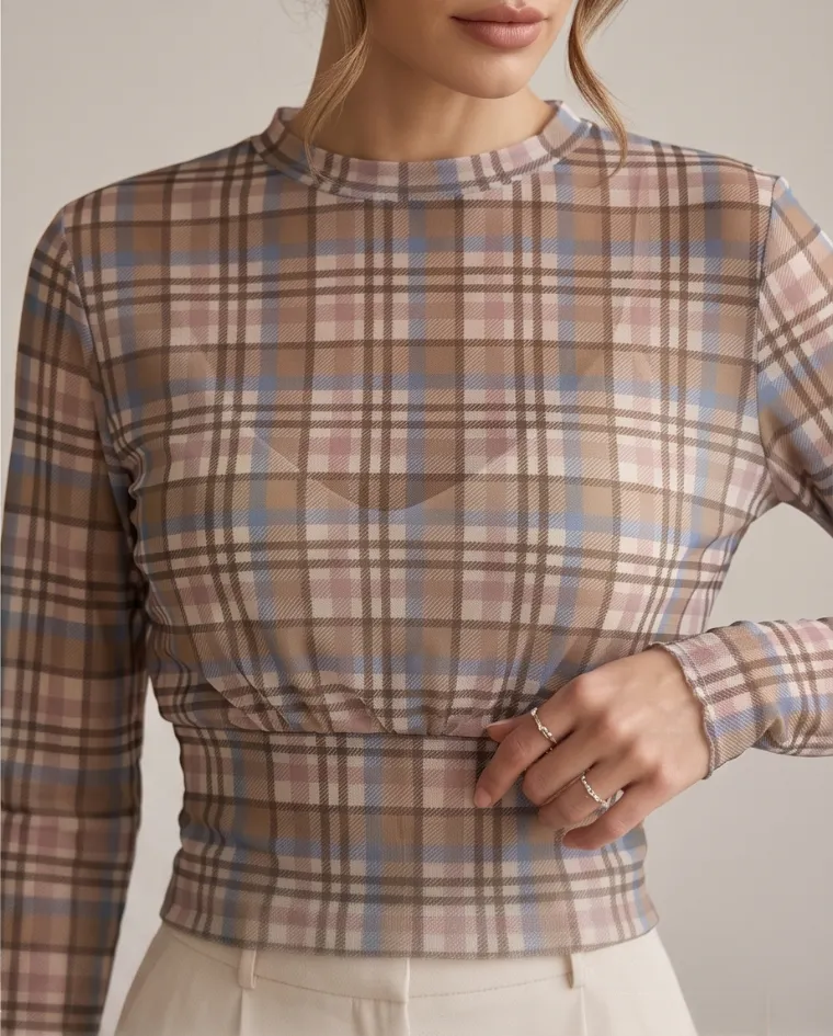 Top blusa corta a quadri trasparente donna