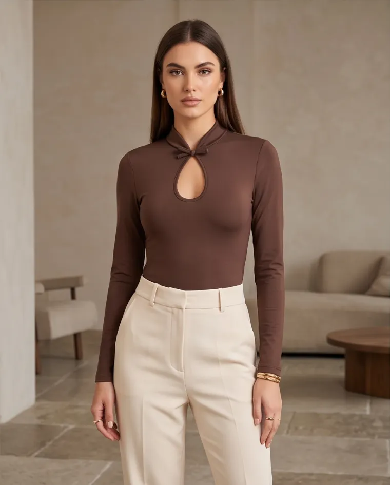 Body goccia collo coreano con fiocco tessuto effetto lycra