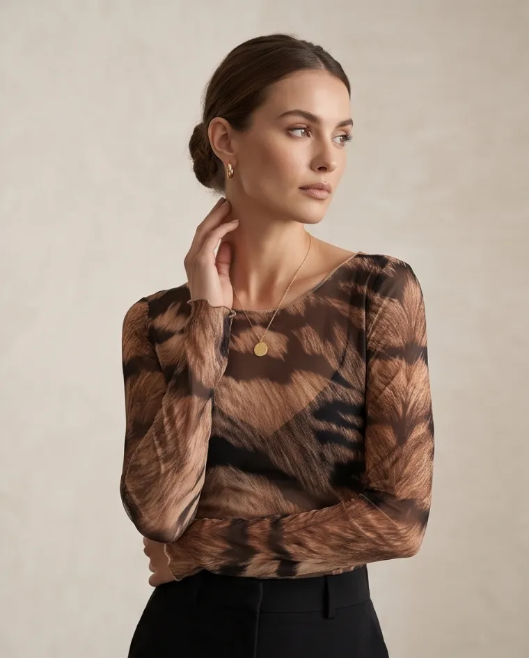 Maglia blusa velata animalier trasparente donna