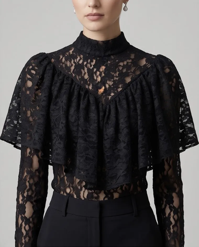 Blusa corta pizzo maglia elegante semitrasparente donna