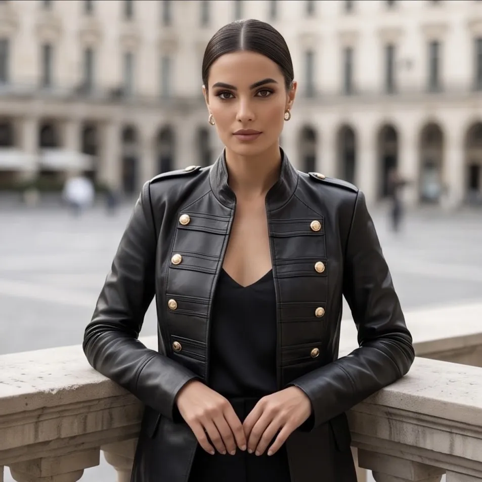 Giacca aperta ecopelle bottoni oro donna