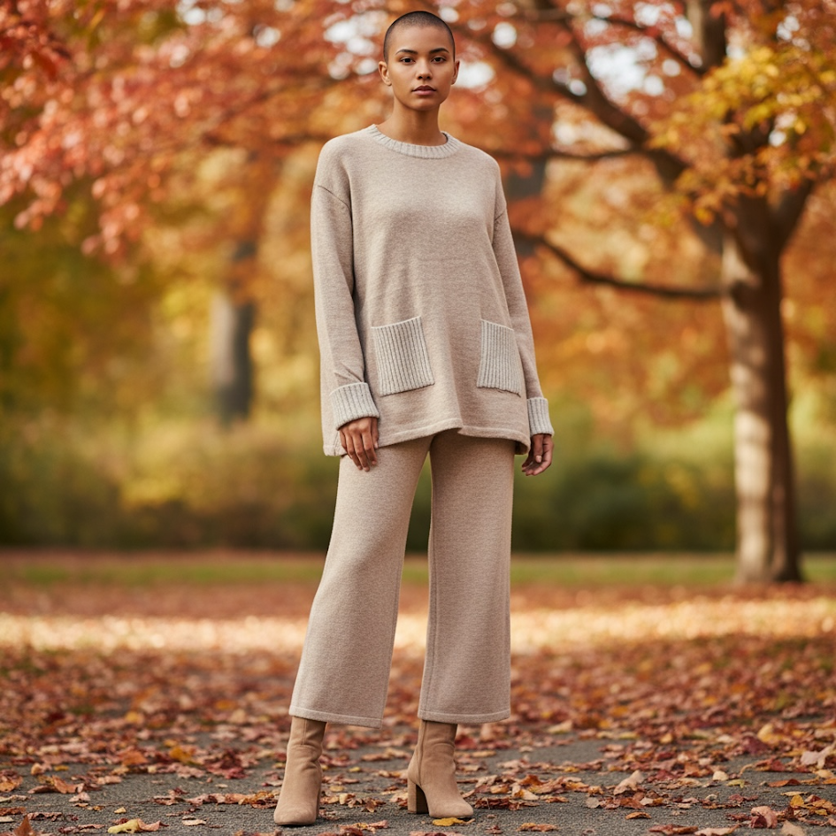 Coordinato comodo in maglia spessa con micro paillettes sui rilievi