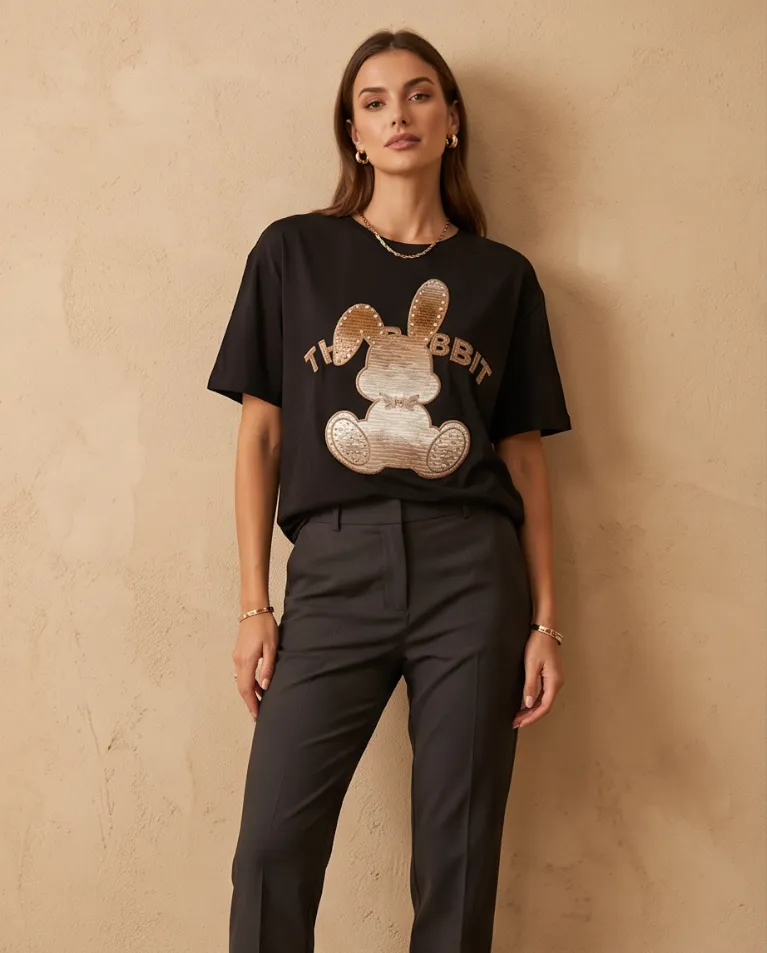 Blusa comoda ricamo rabbit con perle maglia cotone donna