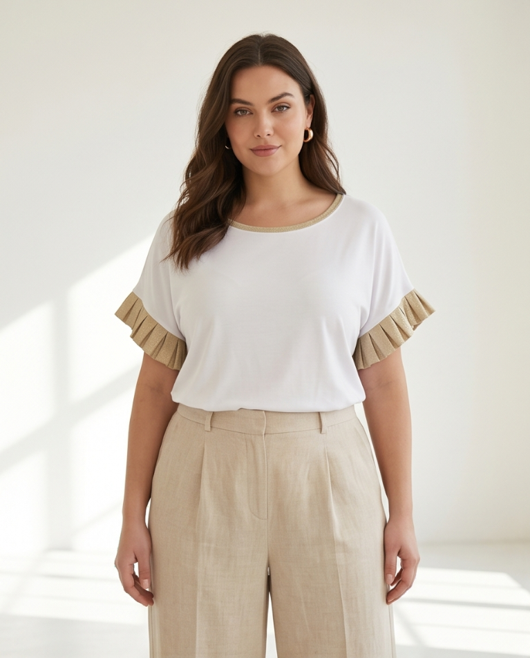 Blusa comoda dettagli laminati maglia cotone donna
