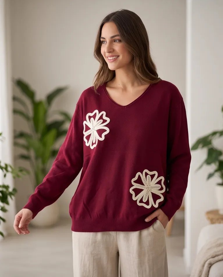 Maglioncino comodo ricamo fiori con diamanti donna