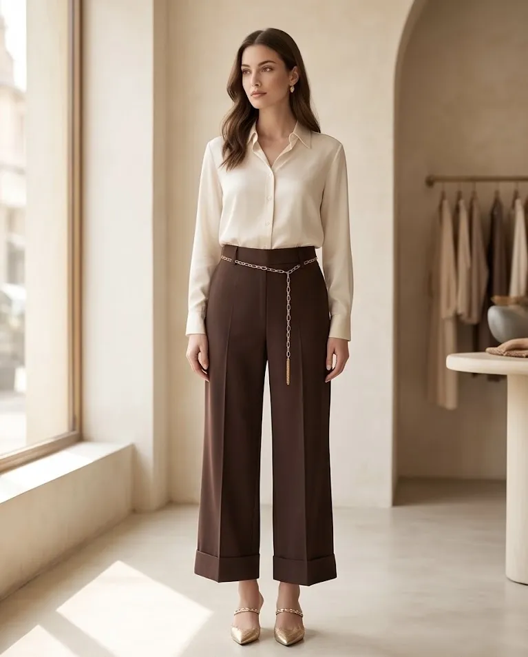 Pantalone elegante dritto alla caviglia elastico in vita