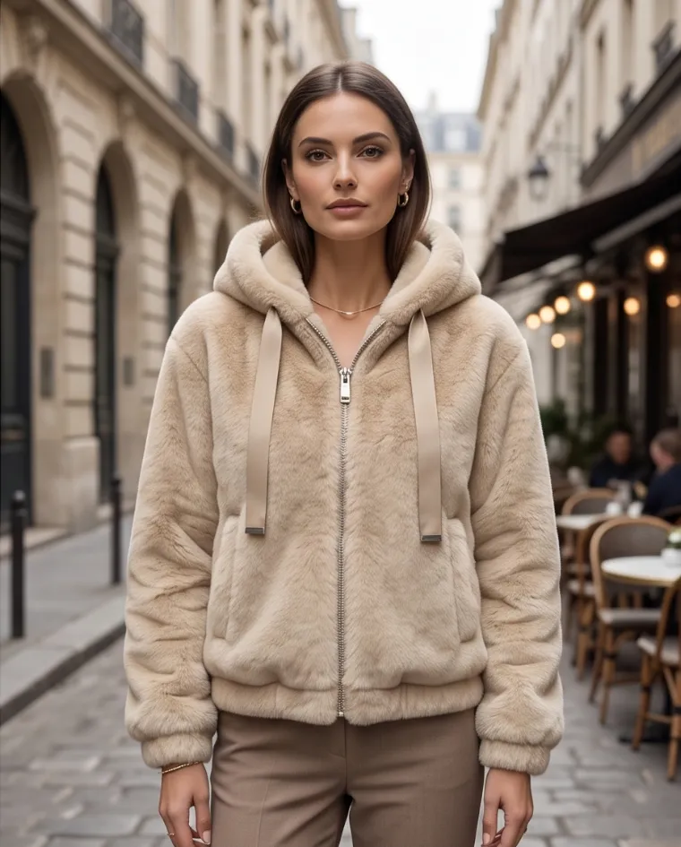 Pelliccia ecologica fodera interna con cappuccio donna
