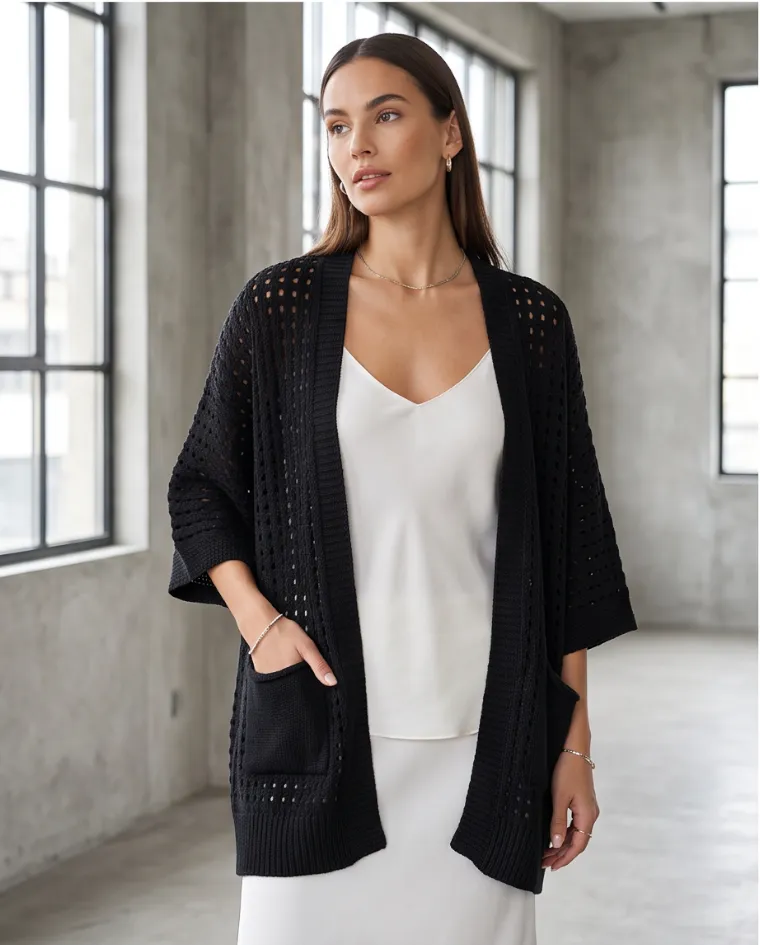 Cardigan lanetta traforato manica tre quarti donna